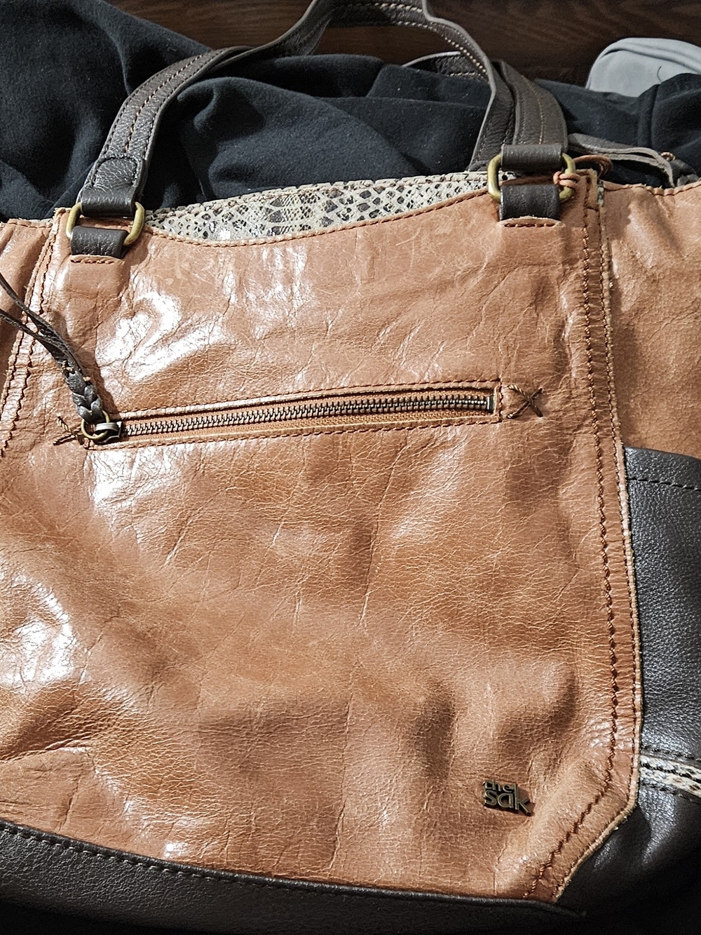 The Sak Tan and Dark Brown Leather Tote with Snake Accent